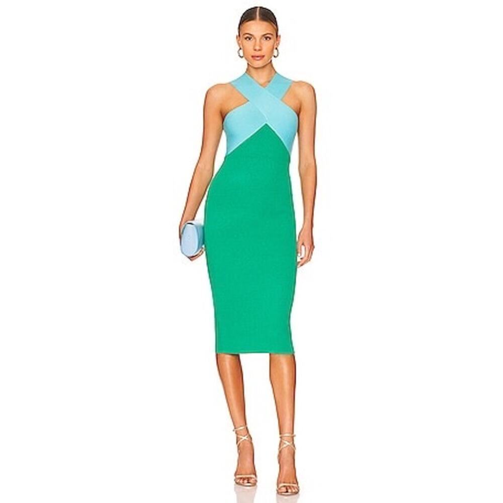 NWT LE SUPERBE Midi Knit Dress in Aqua & Emerald Sz XS